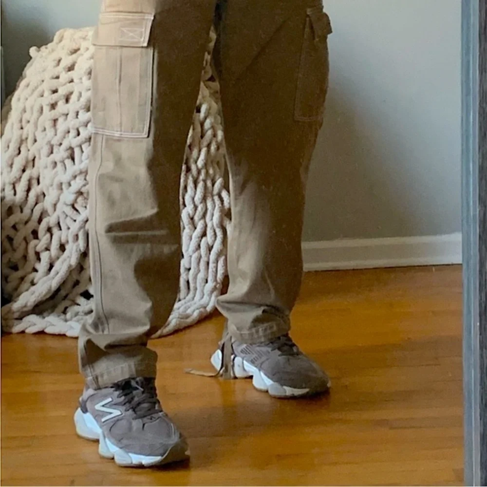 ZARA Denim Cargo Pants 34 Brown Topstitched Straight Baggy Drawstring Leg